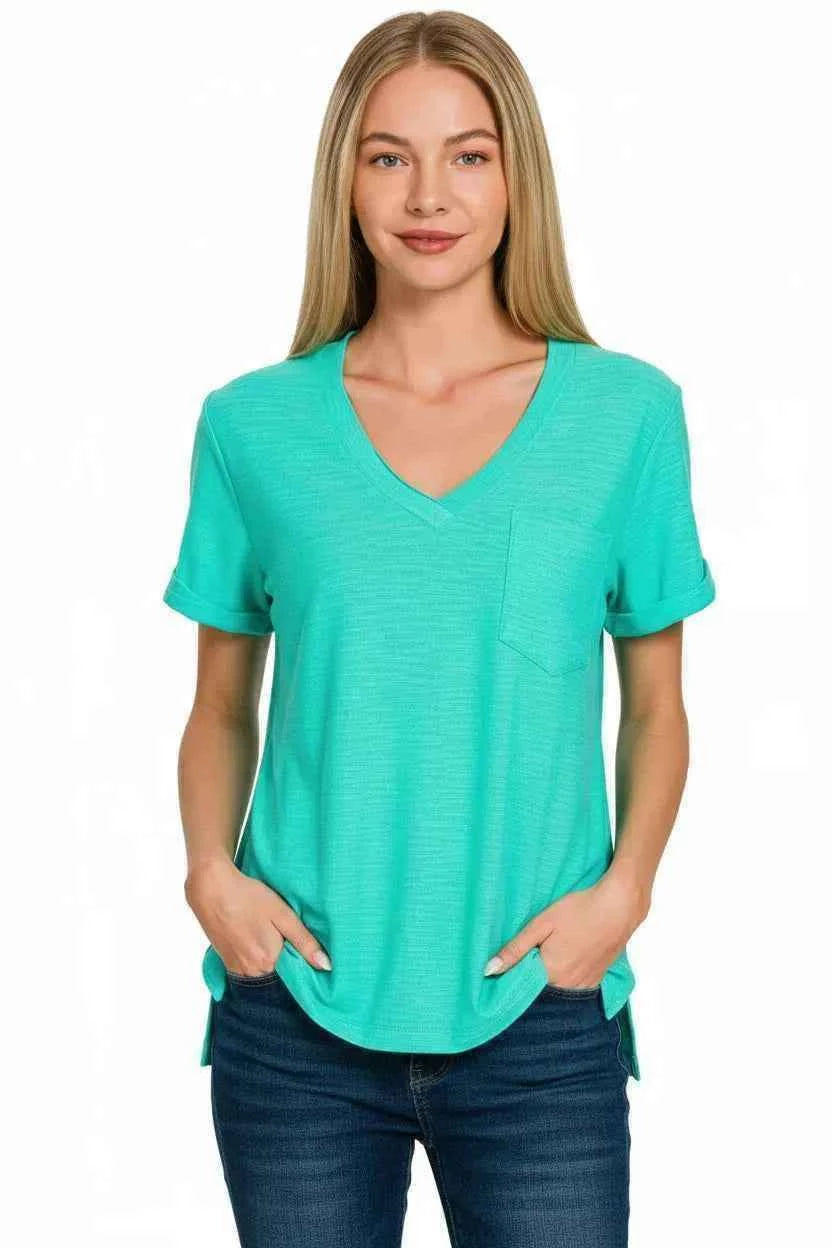 Zenana Slub Rolled Short Sleeve V-Neck Tee 0c9f8ea1-4f77-40a0-aa94-27fe5f1b4048-Max-Origin