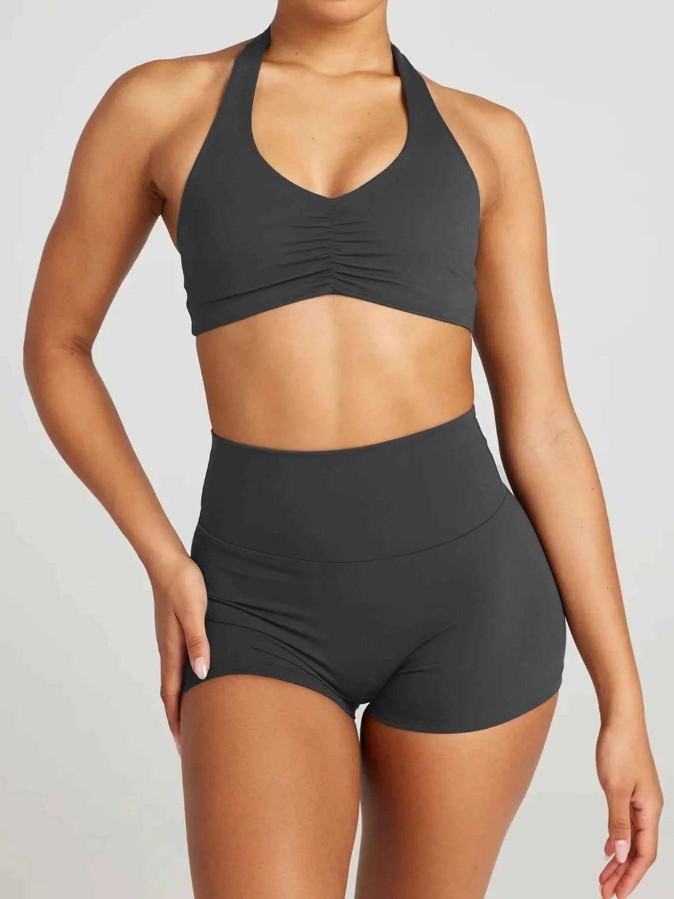 Halter Neck Cami and Shorts Active Set Dark Gray 0ca12089491243de9848fc2ad0466642-Max-Origin