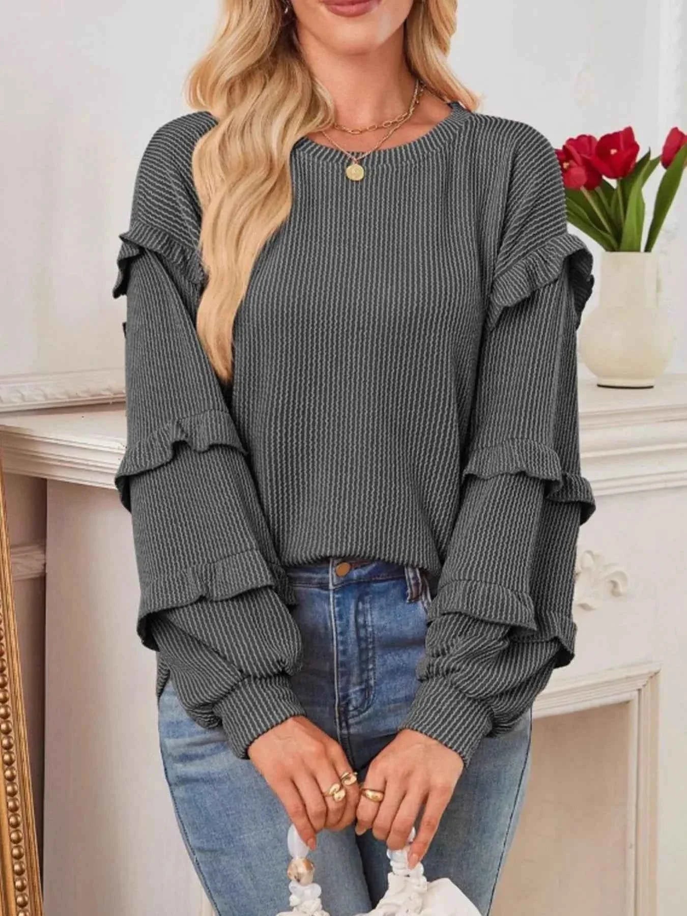 Ruffled Round Neck Long Sleeve Sweatshirt Black 0ca8eae2-ea3a-4bca-a9af-0794330c4447-Max-Origin