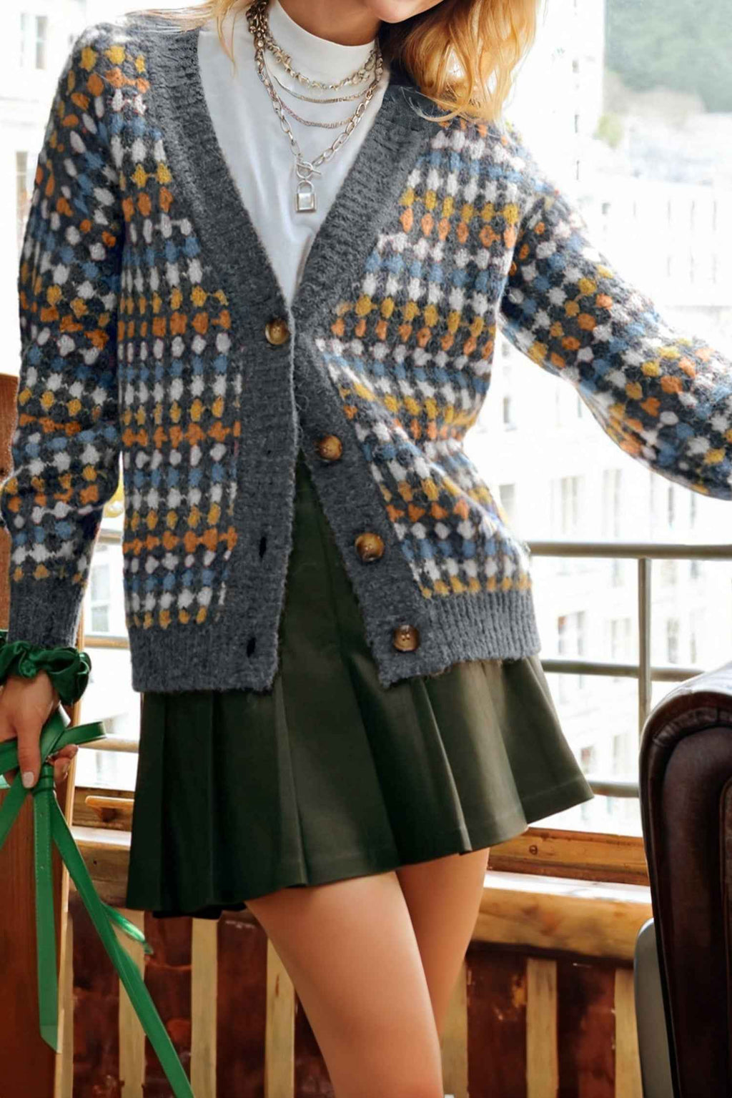 Gray Dotty Pattern Knit Button Front V Neck Sweater Cardigan Gray 77.3%Polyester+16.3%Polyamide+5%Wool+1.4%Elastane 0ca9032046acaaa2