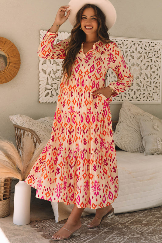 Orange Western Abstract Geometric Printed Maxi Dress 0cac31984476c2a1