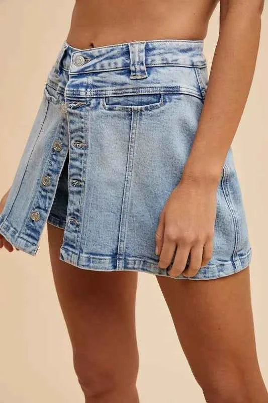 Button Detail Stretch Denim Wrap Mini Skort 0cade2943f264d4fb3d752a512d93d03-Max-Origin