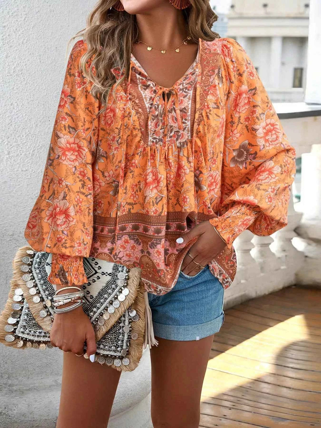 Floral Print Tie Neck Bohemian Blouse 0caeee19-7e70-49be-91e7-1f9f23aacc8f-Max-Origin