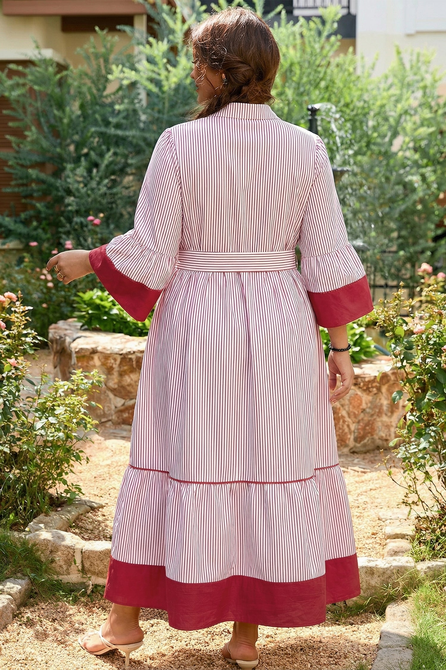 Red Stripe Plus Size Ruffled Hem Pinstriped Midi Dress 0caf8879559feaad