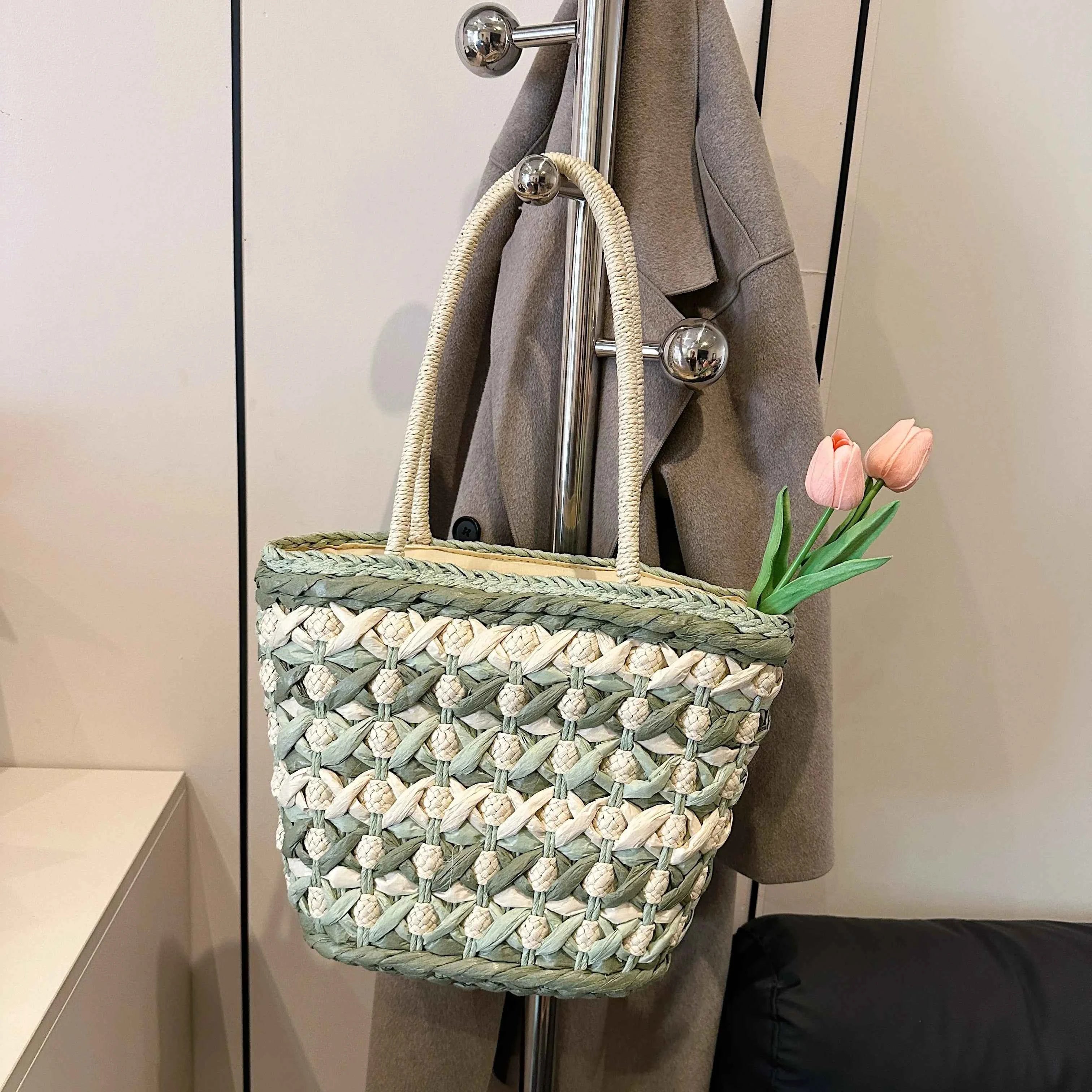 Woven Straw Tote Bag Green onesize 0cb10479138846e9a022550bfa8fd247-Max-Origin