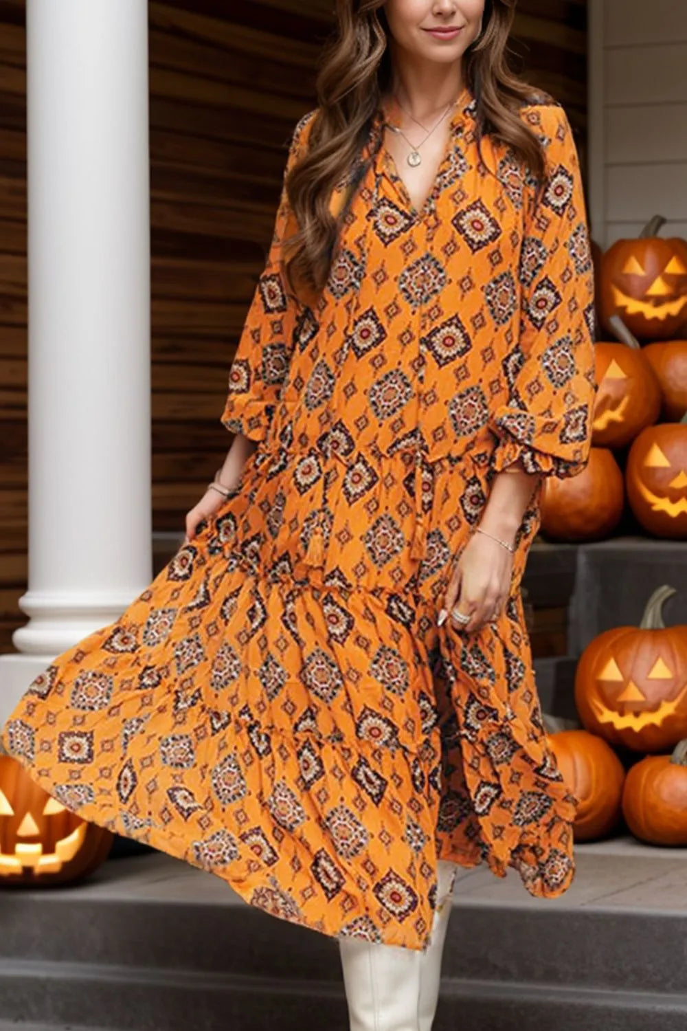 Frill Printed Tie Neck Long Sleeve Dress Orange 0cb43d93-8d5f-482f-b6f2-982c9c519772-Max