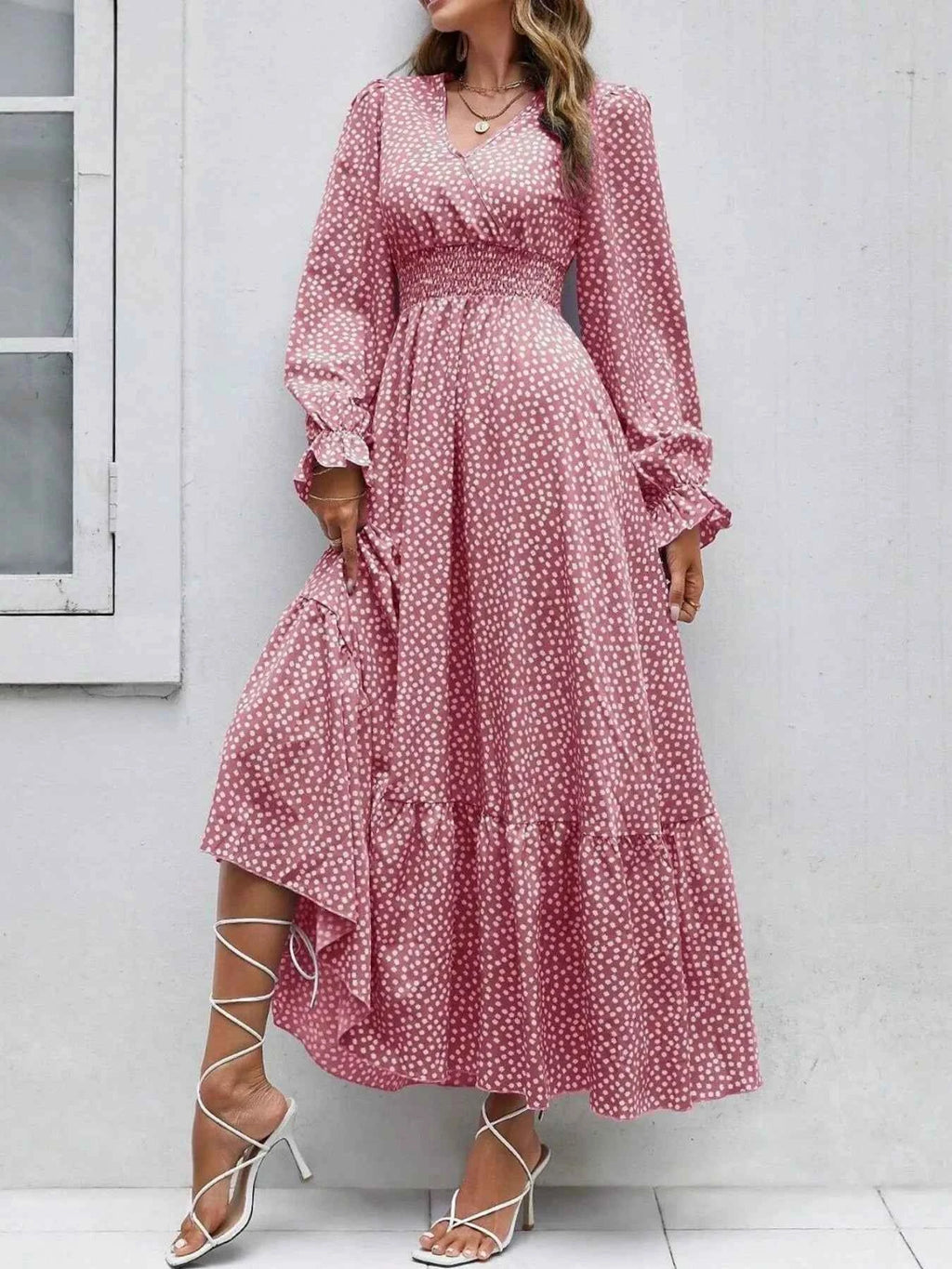 Smocked Waist Polka Dot Long Sleeve Maxi Dress 0cb775aa-e641-41de-b81a-95f62ea05f8d-Max-Origin