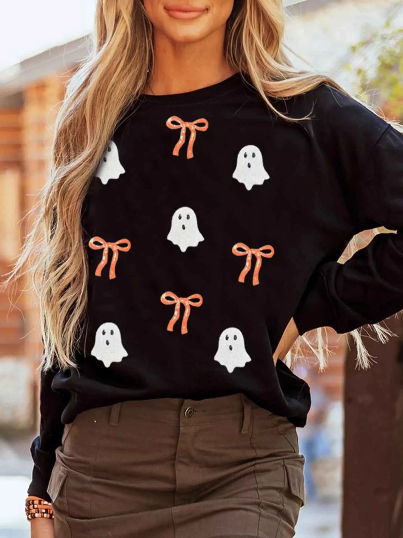 Halloween Ghost Bow Sequin Patched Drop Shoulder Sweatshirt Black 0cb7c003-d6dc-4b3c-956f-835ec85f82f2-Max-Origin