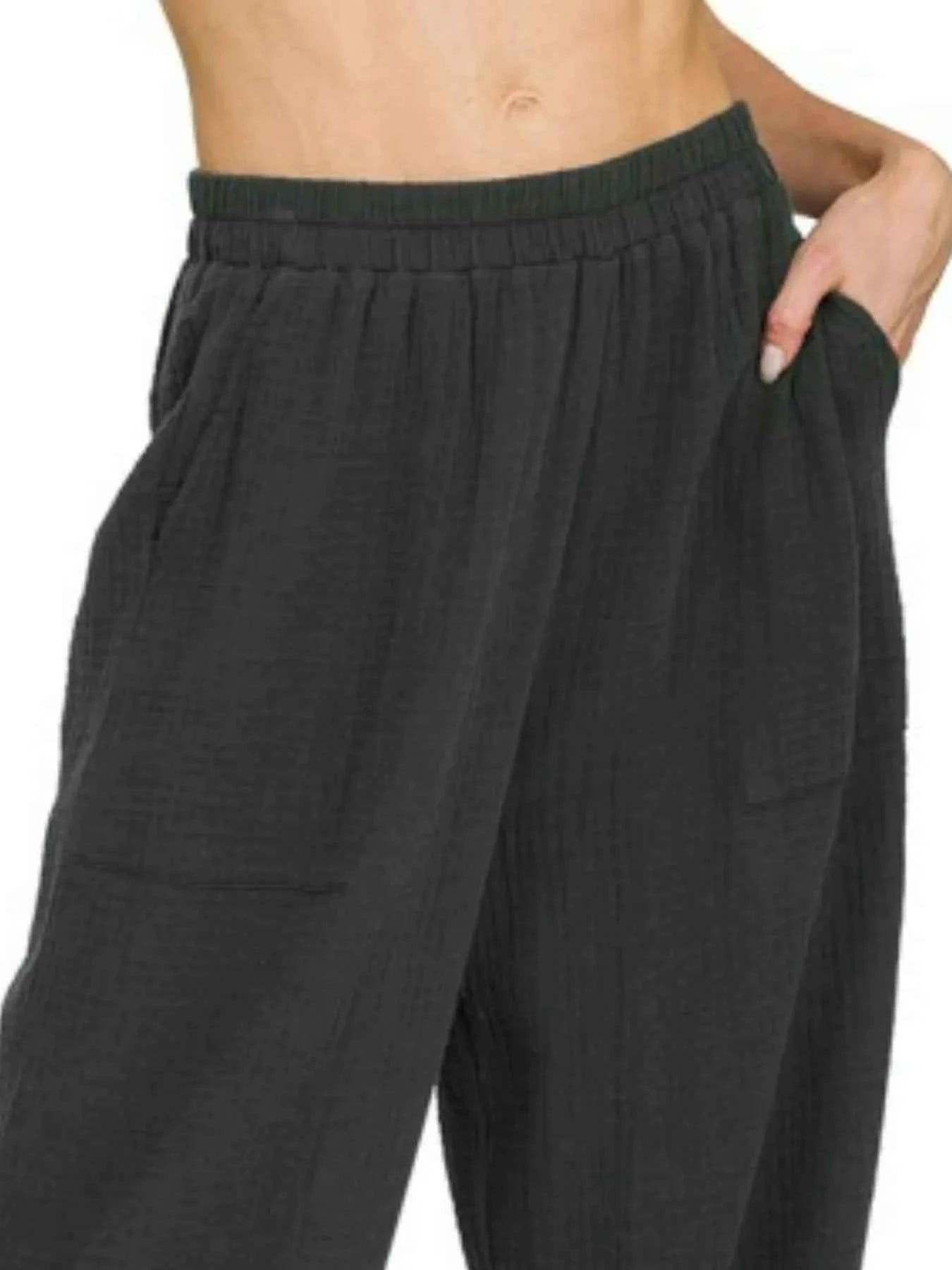 Zenana Double Gauze Elastic Band Pants 0cbb5bb5-7af0-4a0b-820d-bf6c0d456ffd-Max-Origin