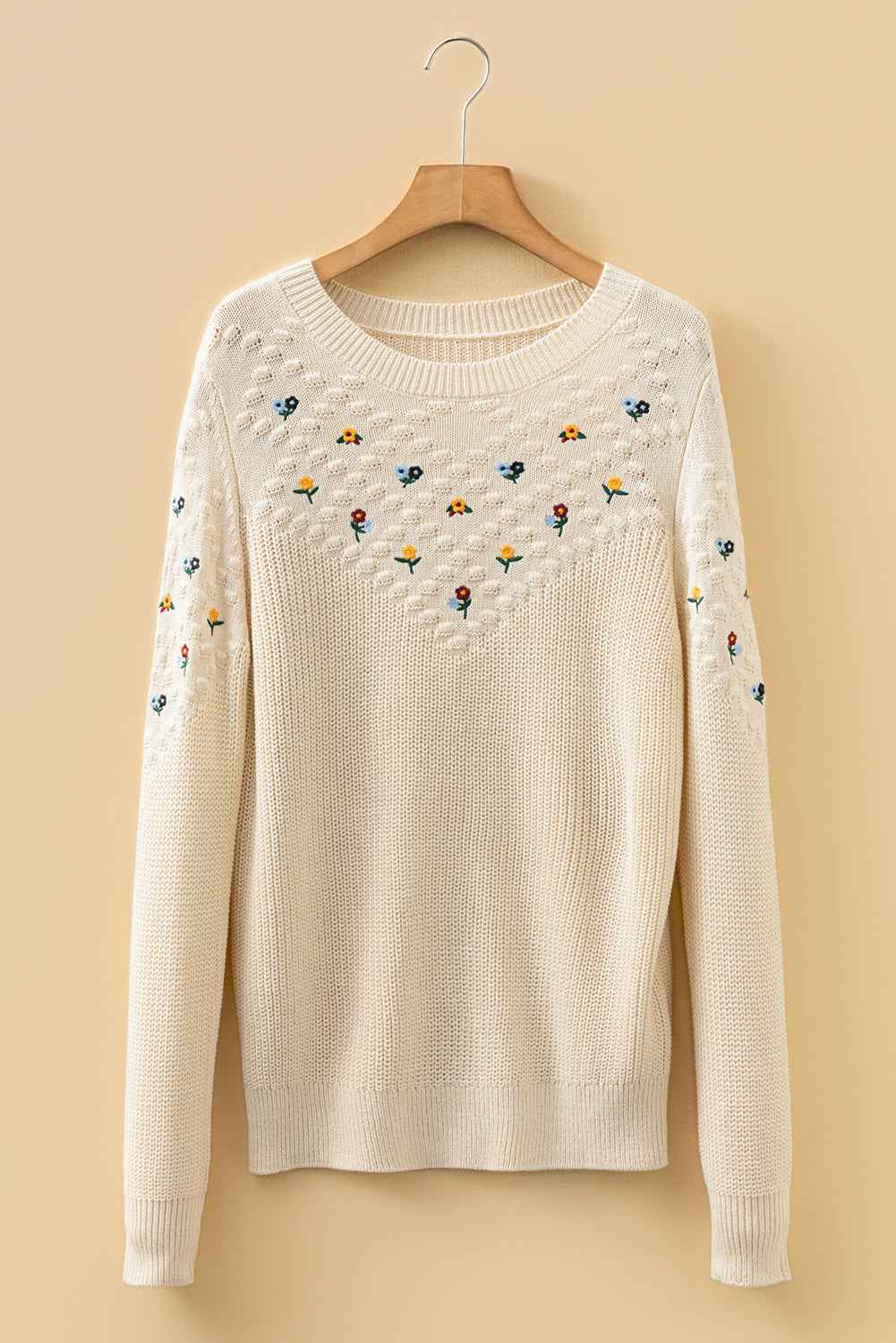 Jet Stream Mixed Texture Knit Flower Embroidered Detail Casual Sweater 0cbd5fdeceef19ec
