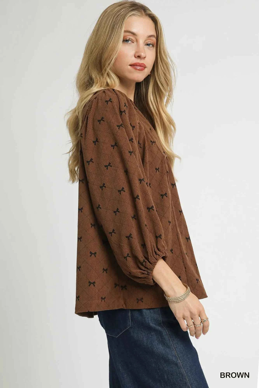Umgee Corduroy Bow Print Balloon Sleeve Blouse 0cbd8d68-9199-4249-81cc-41e1952e7fee-Max-Origin