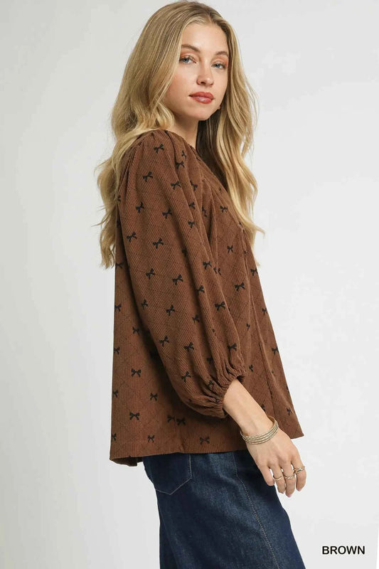 Umgee Corduroy Bow Print Balloon Sleeve Blouse 0cbd8d68-9199-4249-81cc-41e1952e7fee-Max-Origin