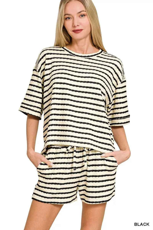 Zenana Striped Short Sleeve Tee & Shorts Set BLACK 0cbe360f51fa466c8767a65bb86d2230-Max-Origin
