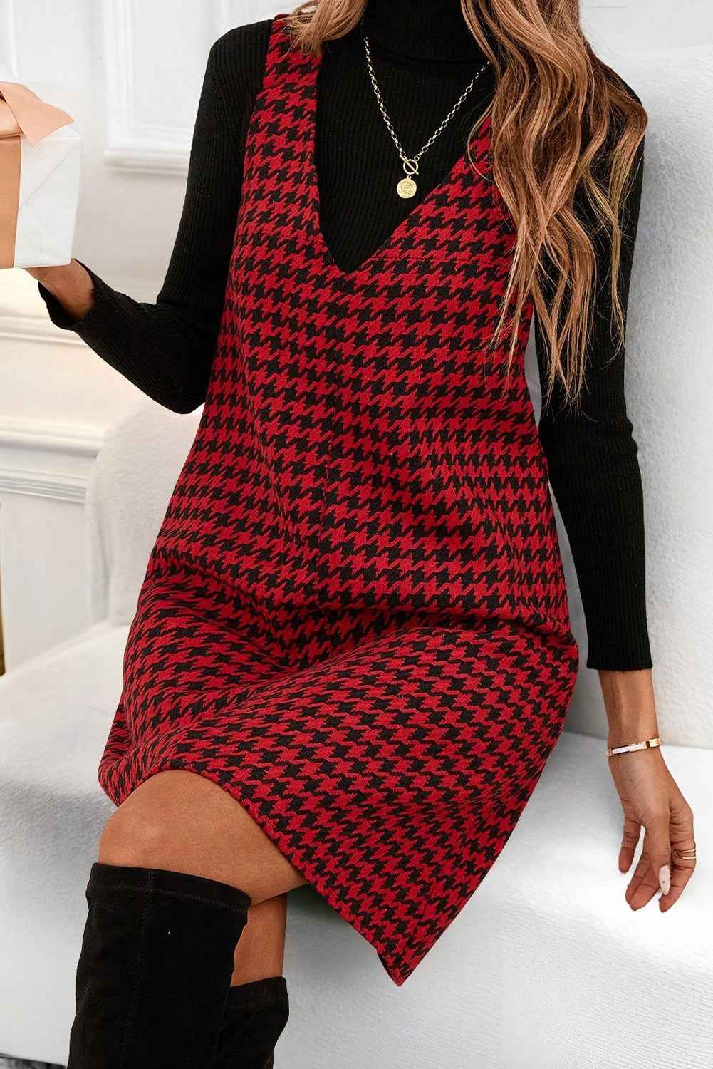 Red Houndstooth Print V Neck Sleeveless Mini Dress 0cbe47c6df71de08