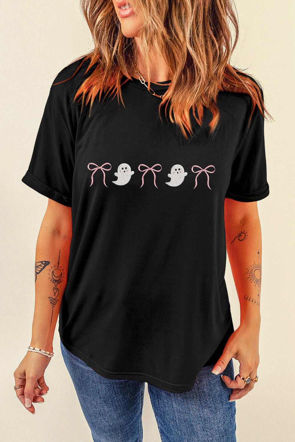Black Halloween Ghost Bow Embroidered Loose T Shirt 0cc3973e4fd4bbf3