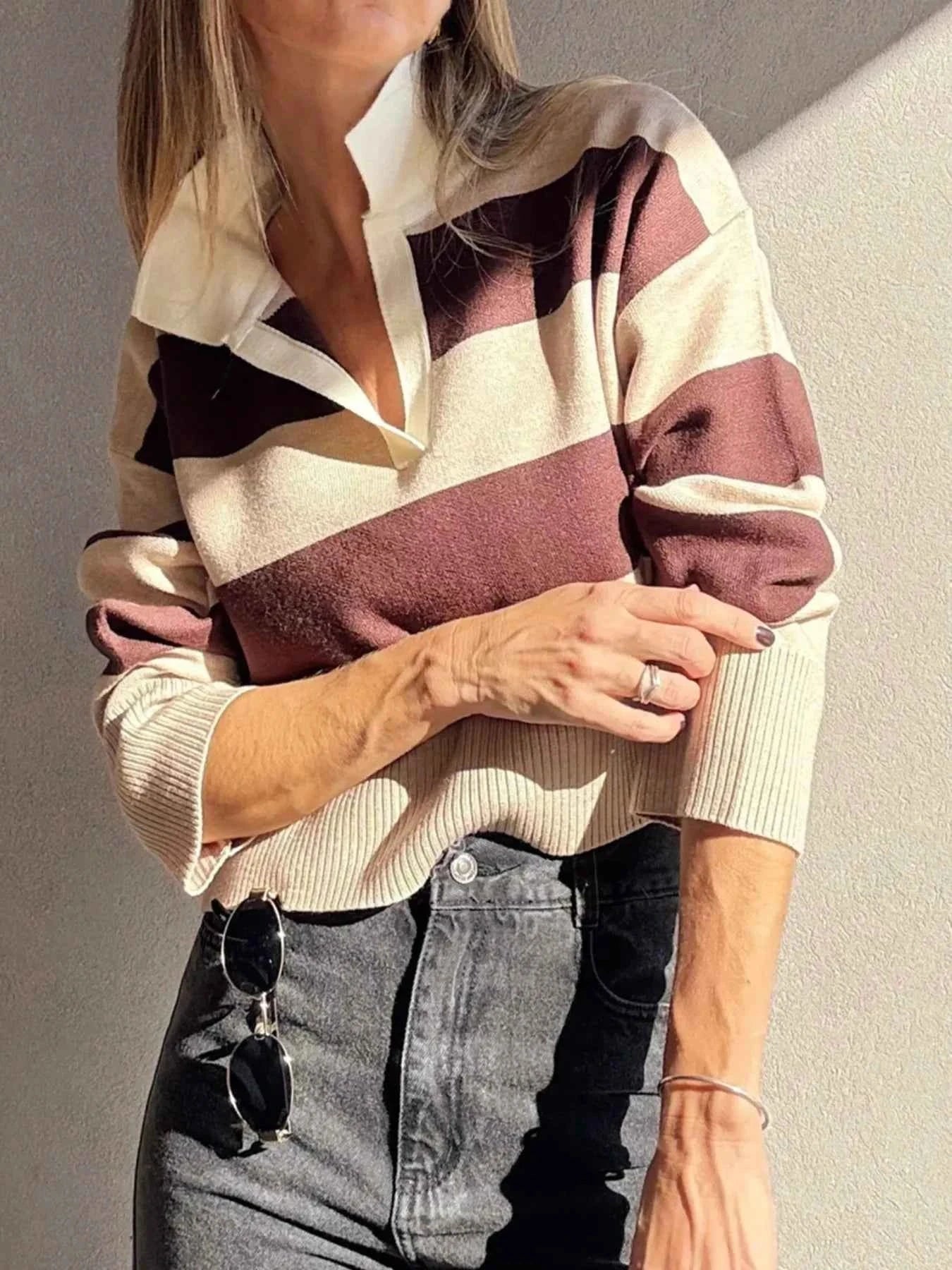 Color Block Long Sleeve Knit Top Brown 0cc8dc1ee66848ea95483d359cacad68-Max-Origin