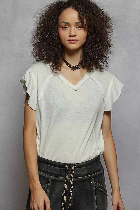 POL V-Neck Short Sleeve T-Shirt with Ruffle Sleeve OFF WHITE 0ccb33c1-b3fe-4787-99f6-9cfc400ab107-Max-Origin