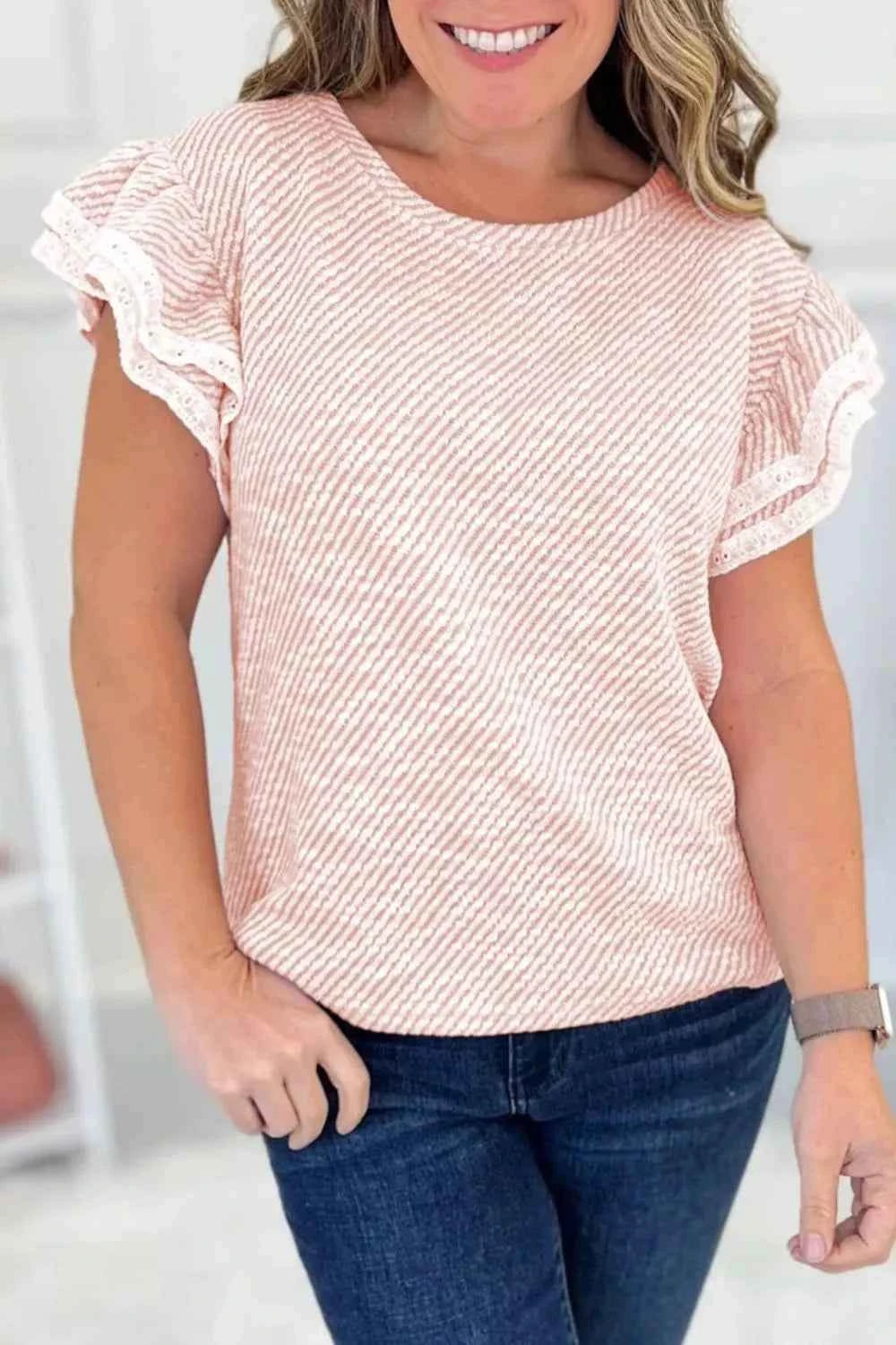 Twilled Print Lace Trim Ruffled Short Sleeve Blouse Apricot 0ccc0423-f186-44ed-8f3d-5c7508662a2a-Max-Origin