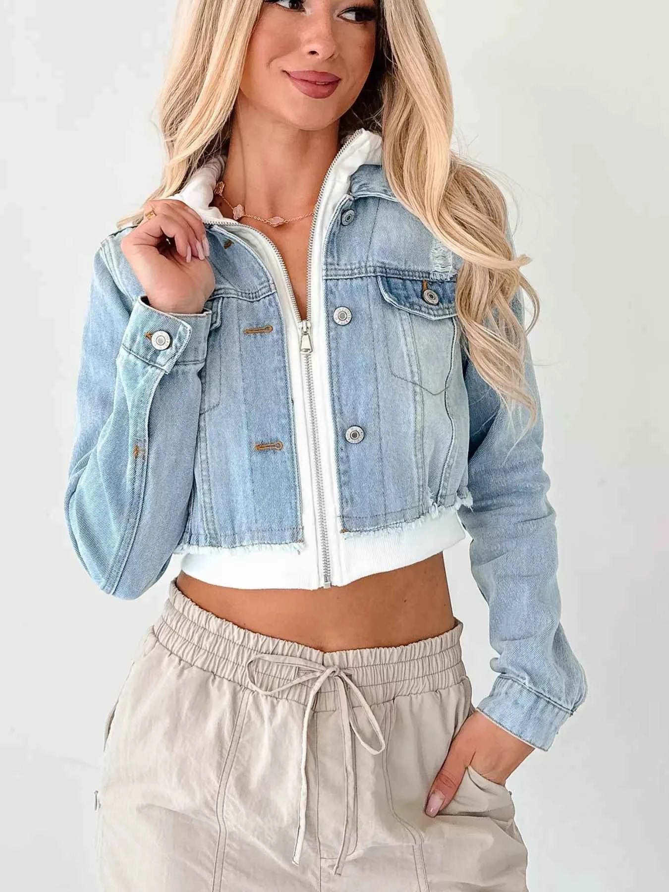 Distressed Zip Up Cropped Hooded Denim Jacket 0ccfb33aaa12445eb7a3d5d7566c41fc-Max-Origin