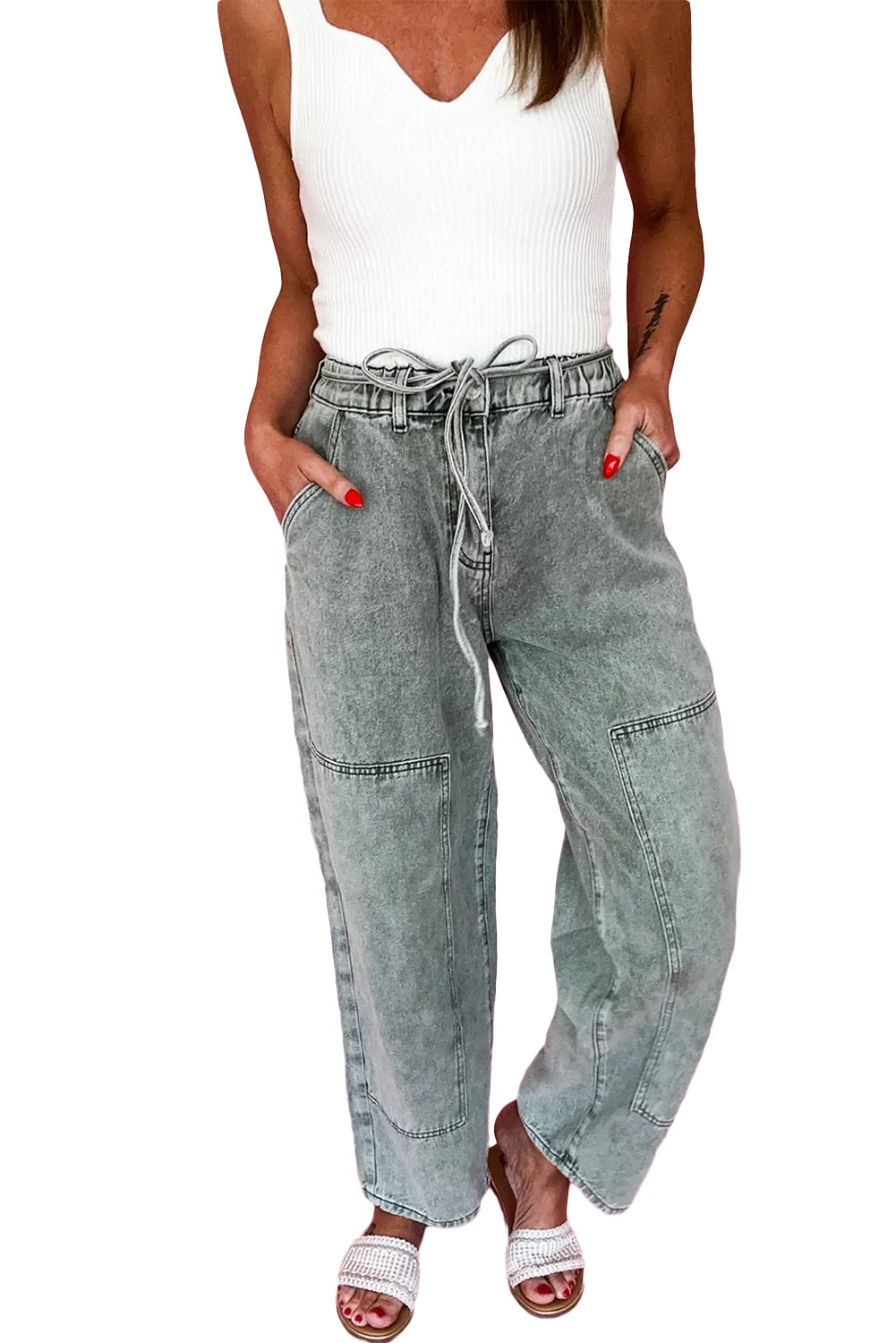 Smoke Gray Acid Wash Barrel Fit Denim Pants with Waist String 0cd09e71f9188bc4