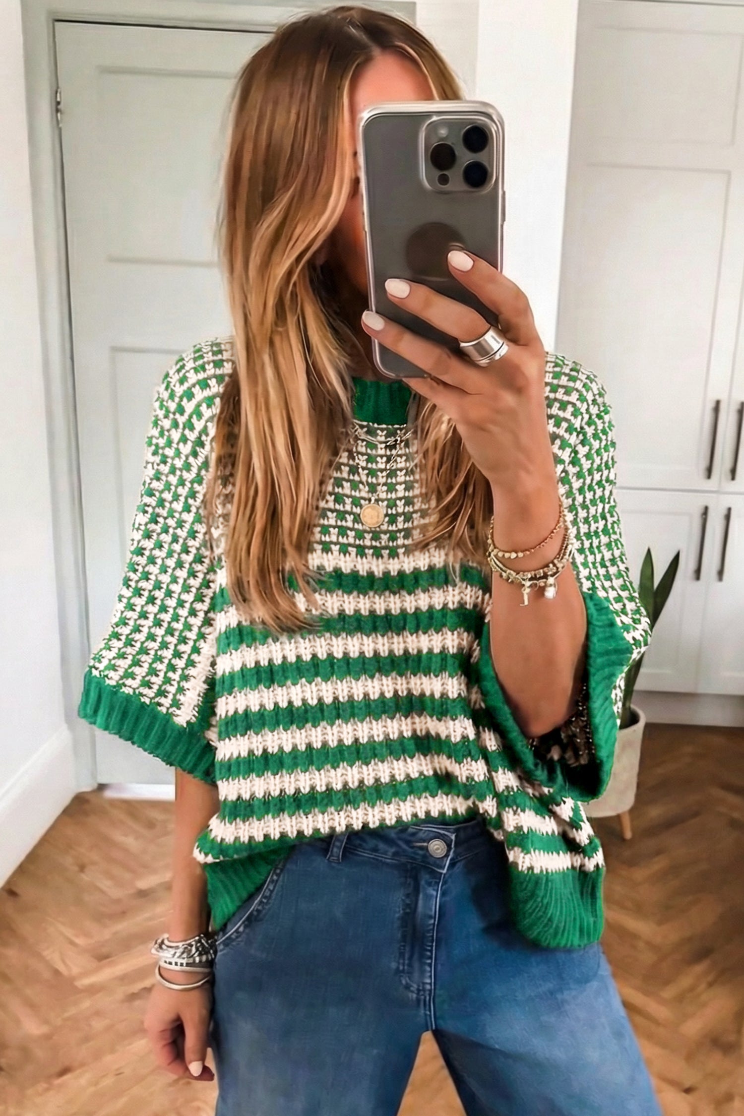 Green Stripe 3/4 Draped Sleeve Slouchy Sweater 0cd3b9da5bc7d945