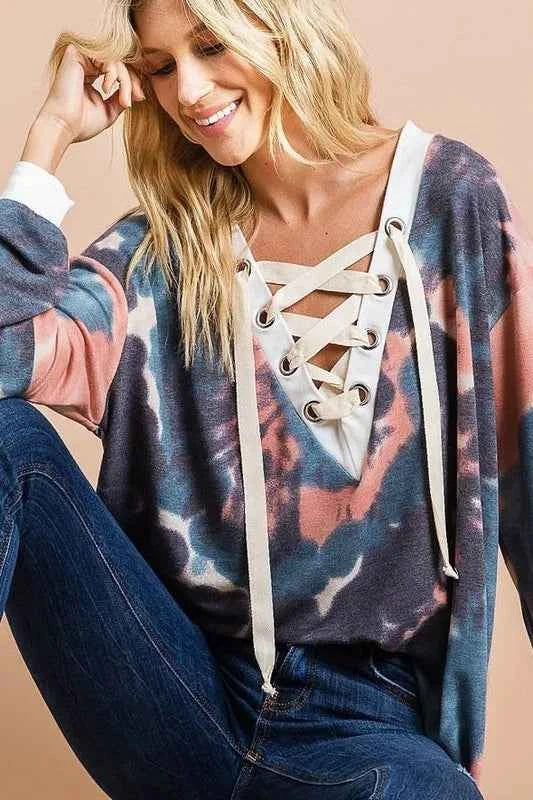 BiBi Tie Dye Deep V-Neck Top with Lace Up Front 0cd82626-57b1-4e96-afeb-adab317ec6d1-Max-Origin