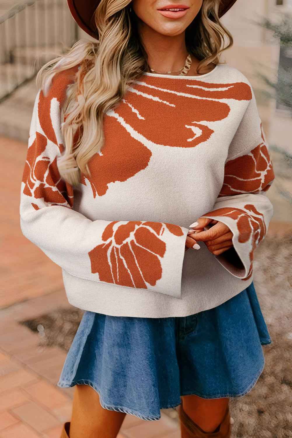 Green Flower Pattern Drop Sleeve Baggy Sweater Beige 52%Viscose+26%Polyester+22%Polyamide 0cdd6f487277e19d