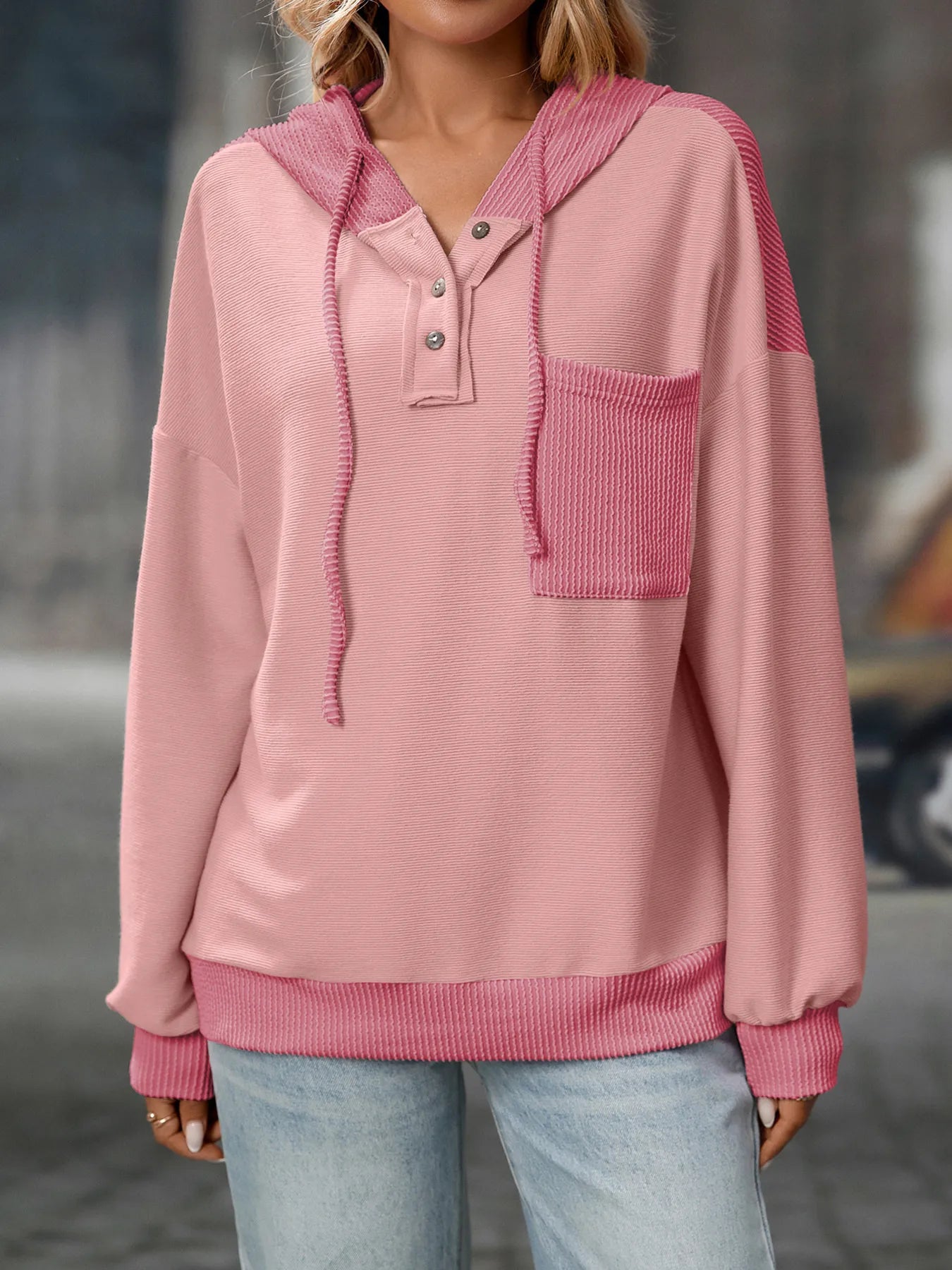 Drawstring Button Detail Long Sleeve Hoodie 0ce2c232700c4b3d94646957011ea32e-Max-Origin