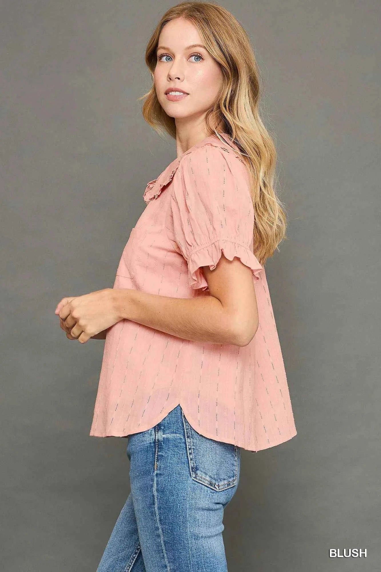 Peter Pan Collared Button Down Textured Shirt with Ruffled Detail 0ce548d3-4e89-460a-b312-ae66a09a33e5-Max-Origin