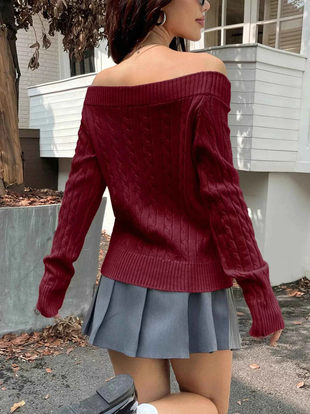 Off-Shoulder Cable Knit Sweater 0ce6fbb48b77490d837a5018c63227ae-Max-Origin