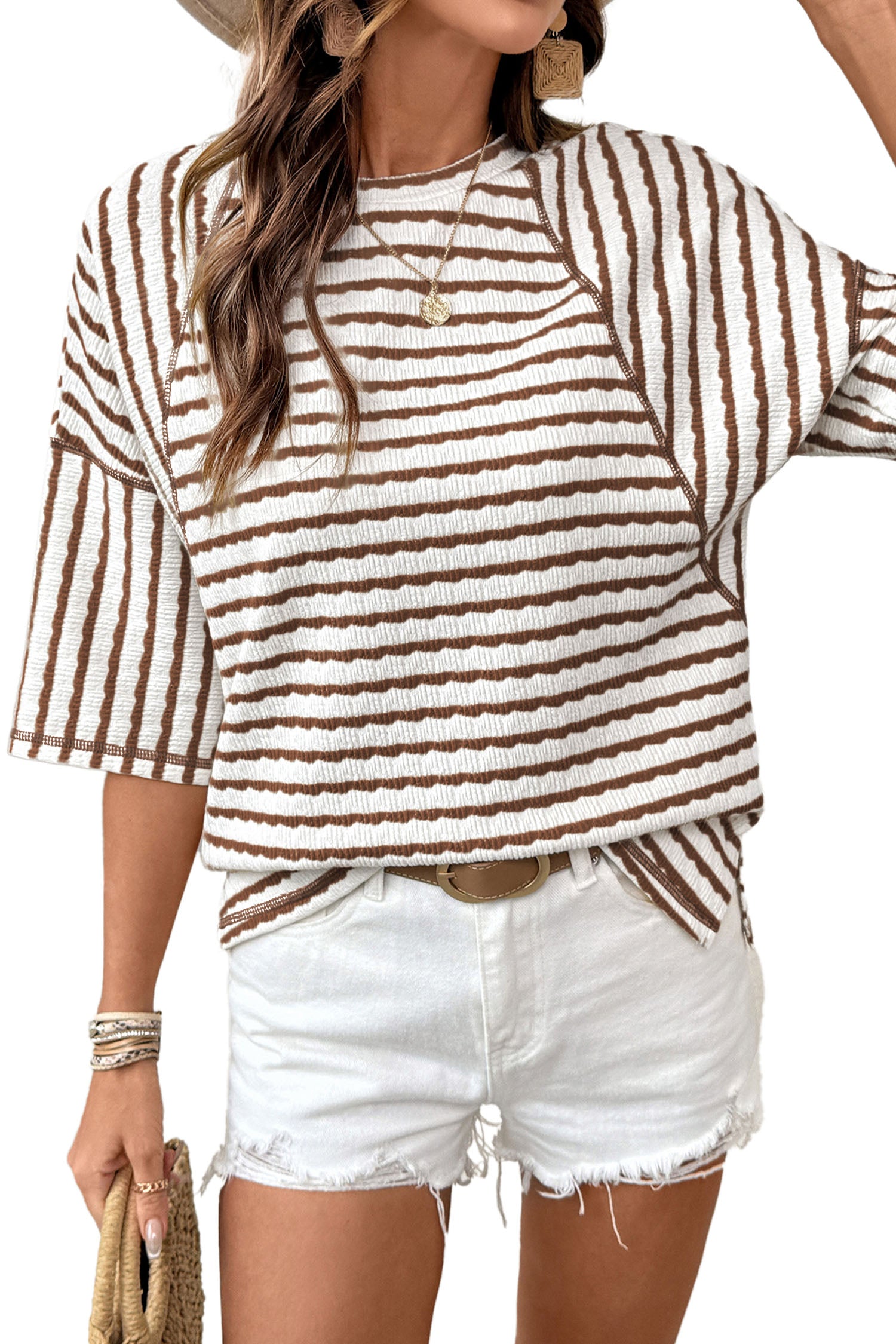 Sky Blue Stripe Textured Knit Split Hem Half Sleeve Loose Top 0ceb2a538bb13511