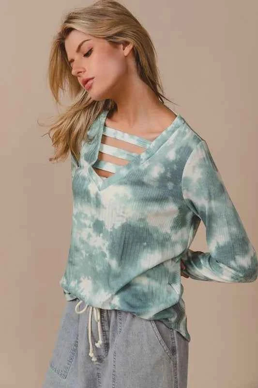BiBi Variegated Tie Dye Rib V-Neck Top with Strapped 0cf7a857a4a64b93a2a382630c61fadf-Max-Origin