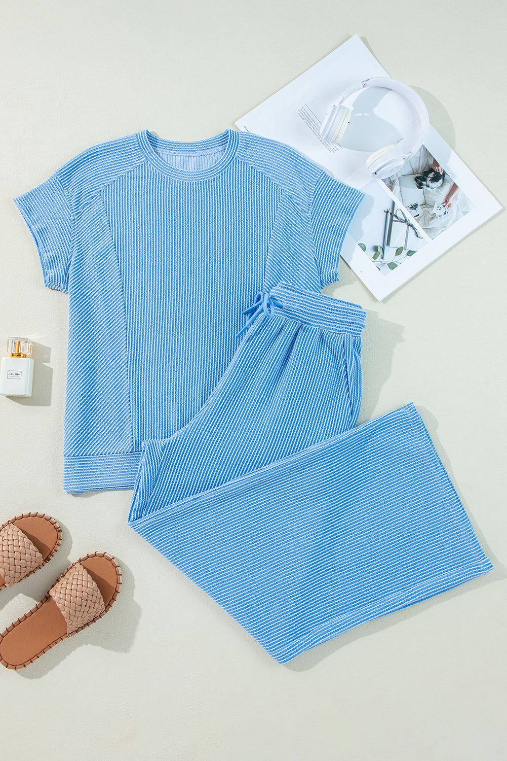 Wild Wind Solid Corded Short Sleeve T Shirt and Wide Leg Pants Set 0cfc6918f53b703f