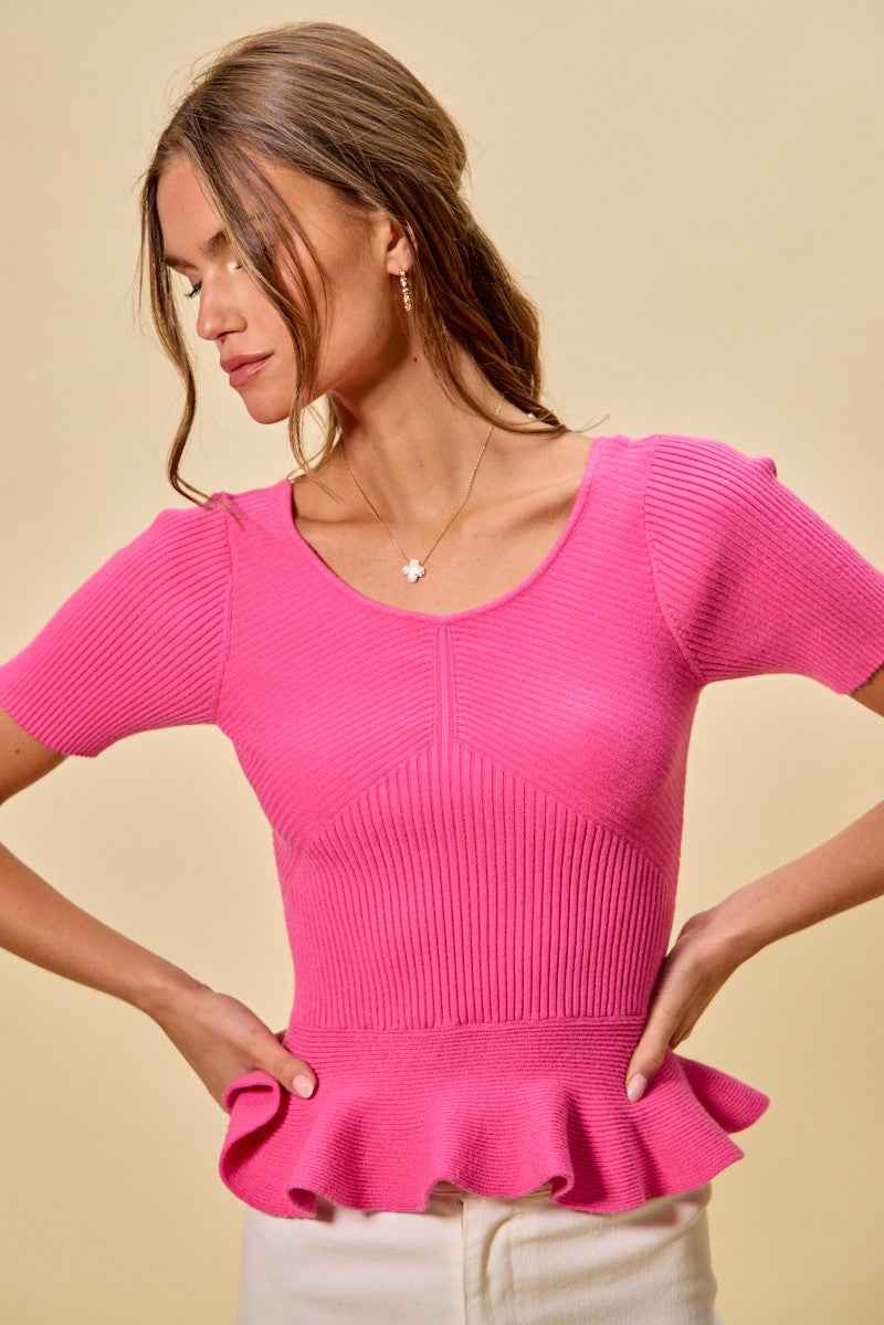 SO ME Ribbed Knit Short Sleeves Peplum Sweater Top 0cfee0b04ed2480e93057df7dcb2f866-Max