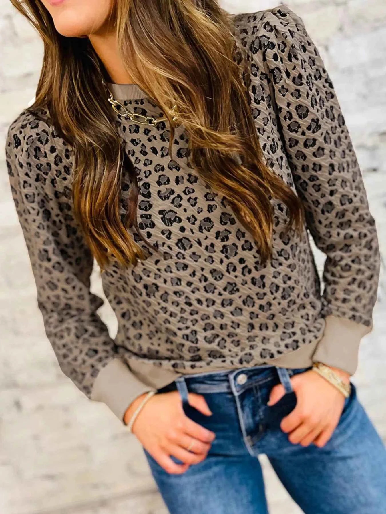 Ribbed Trim Leopard Print Long Sleeve Top Khaki 0cffd08d7cbc4277b2163a34d07afcce-Max-Origin