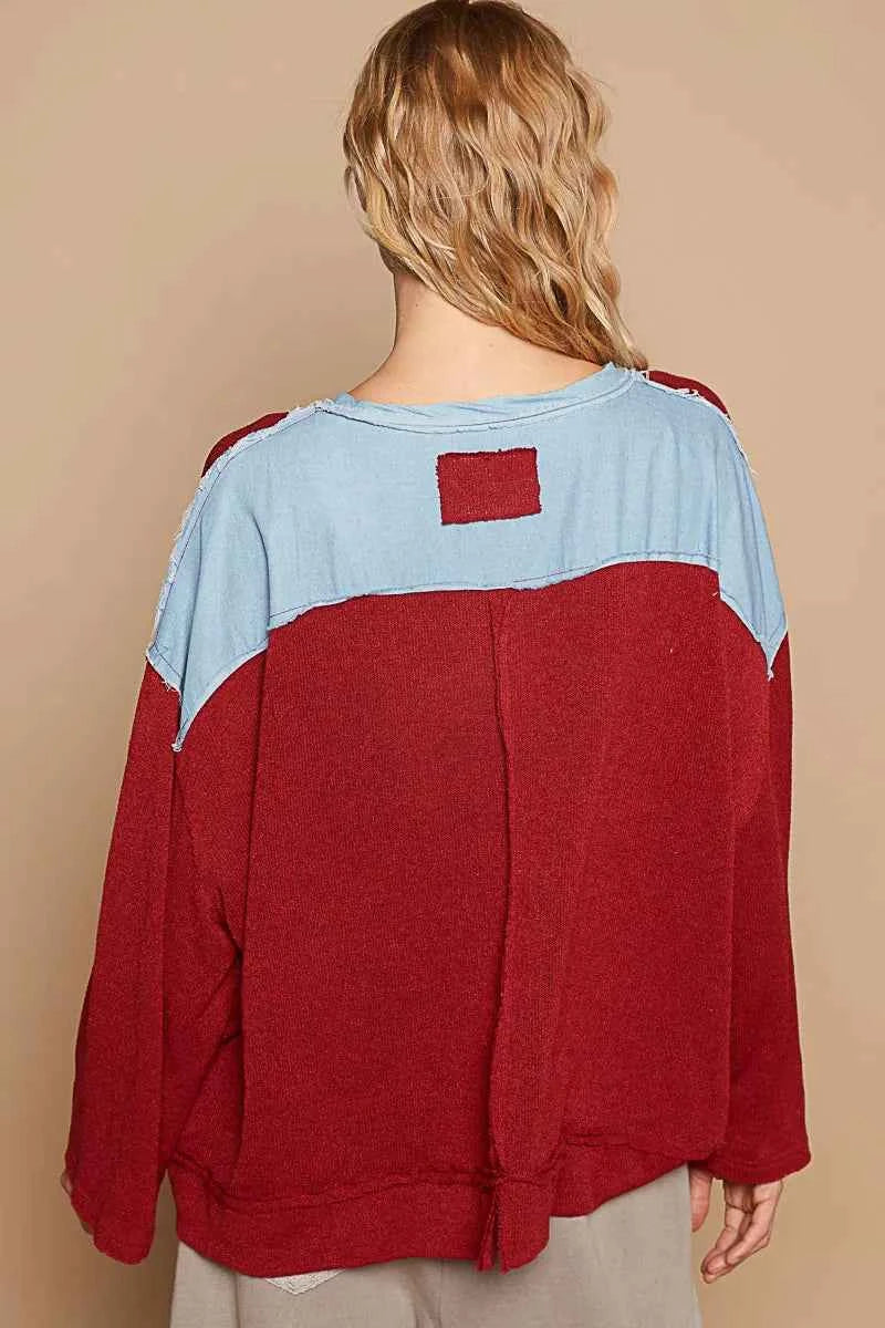 POL Exposed Seam Relaxed Fit Sweater with Star Denim Patch 0d067395-e02d-46cc-8c81-a0f3a6864aa1-Max-Origin