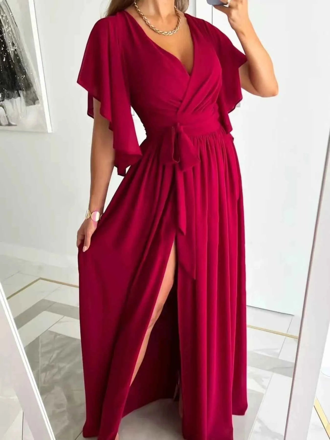 Flutter Sleeve Surplice Tie Waist Dress Red 0d0952b4062d462ab34ac1d755eab2ca-Max-Origin