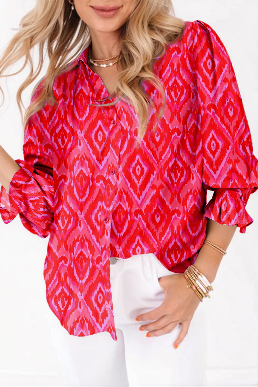 Strawberry Pink Abstract Print Puff Sleeve Shirt Strawberry Pink 0d0c3feb2d3e9d2d