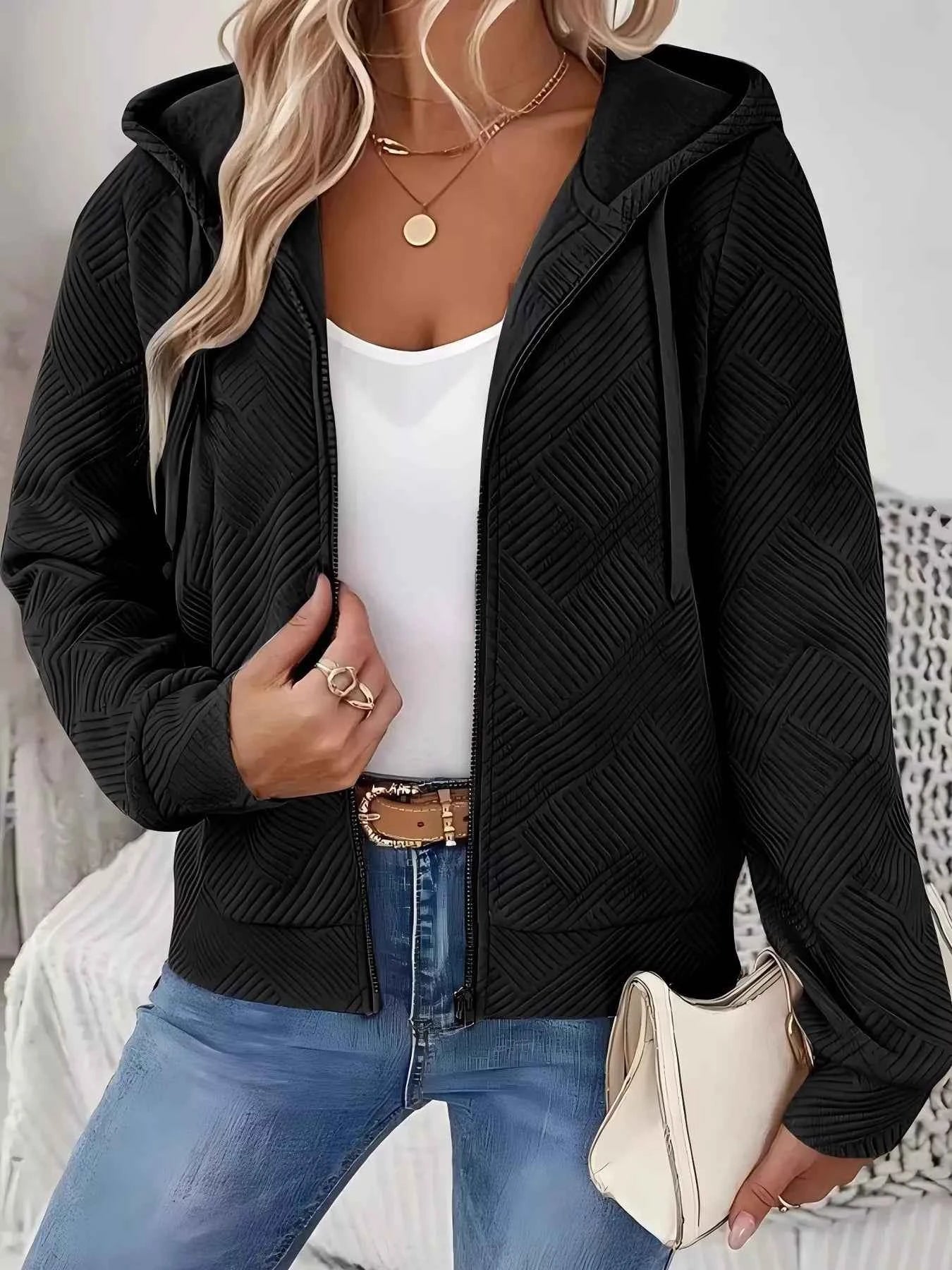 Textured Zip-Up Hooded Jacket Black 0d0f1ed8fbd9414b858cf999792aa537-Max-Origin