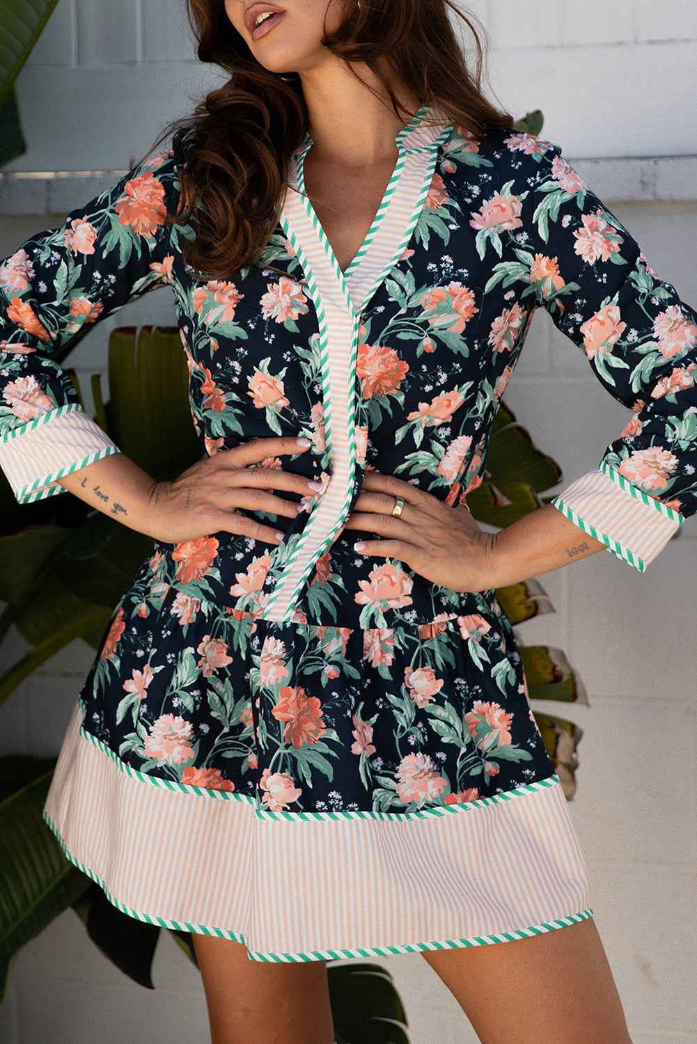 Blue Floral Print Striped Trim V Neck Long Sleeve Ruffle Hem Shift Mini Dress 0d129692e28c230f