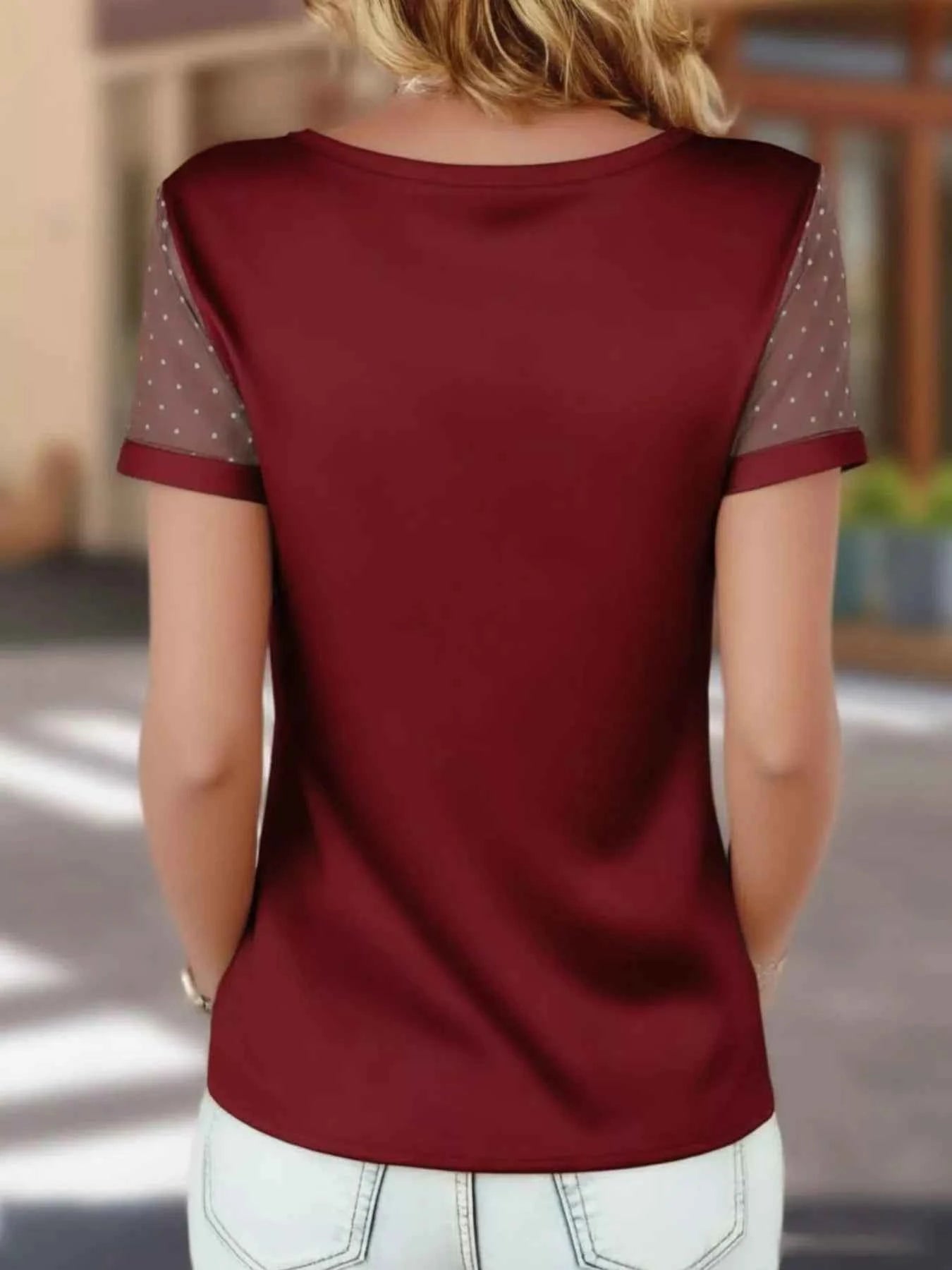 Polka Dot Mesh Sleeve Satin Short Sleeve Top 0d12f0e2-03b6-4fc2-8fe2-f7a30357d6e8-Max-Origin