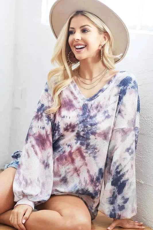 BiBi Tie-Dye V-Neck Long Sleeve Waffle Top BLUE GREY BLUSH 0d157120f394479b80df0d3d55c5e784-Max-Origin