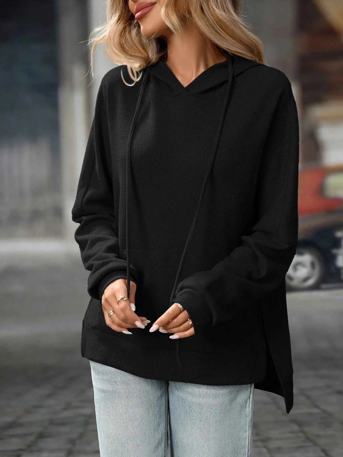 Textured Drawstring Long Sleeve Hoodie Black 0d164483-0b7a-48b0-a9b0-06a7ec2d2a8f-Max-Origin