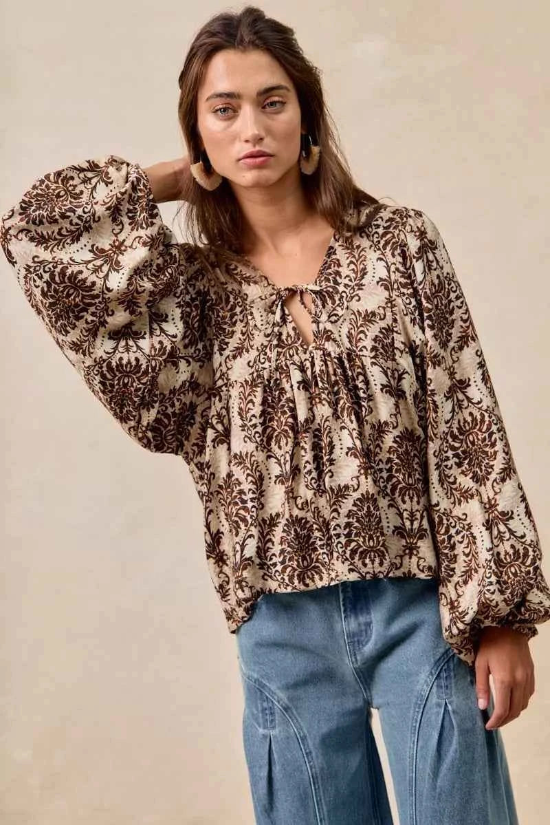 BiBi Printed Woven Front Tied Blouse with Baloon Sleeve 0d195b39cfac4f1b9e018871f375abee-Max-Origin