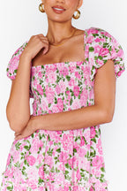 Pink Floral Smocked Puff Sleeve Flowy Midi Dress