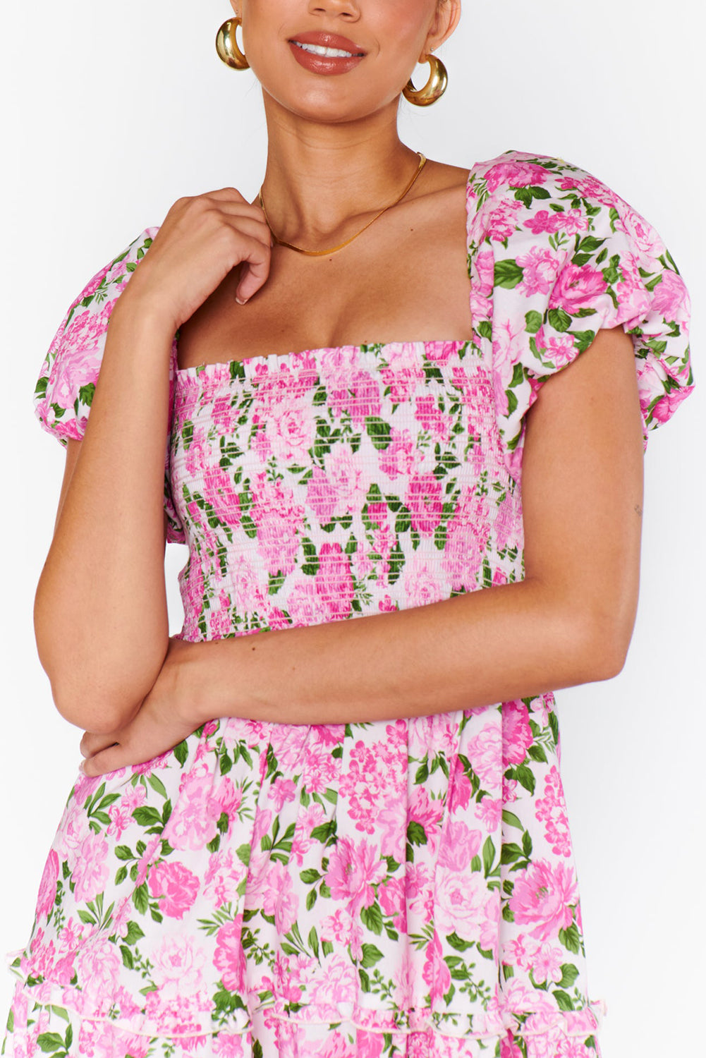 Pink Floral Smocked Puff Sleeve Flowy Midi Dress