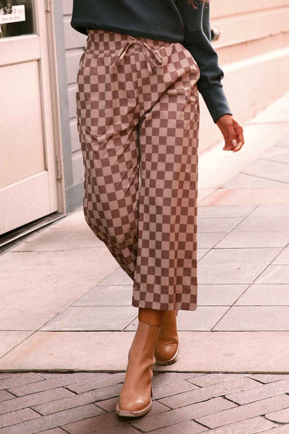 Khaki Tie Elastic Waist Checkered Loose Pants 0d23763b21cad97f