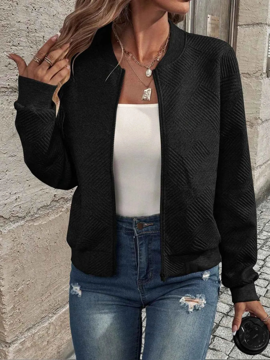 Zip-Up Textured Long Sleeve Jacket 0d26861744d34b3b90c3b261b3f1766b-Max-Origin