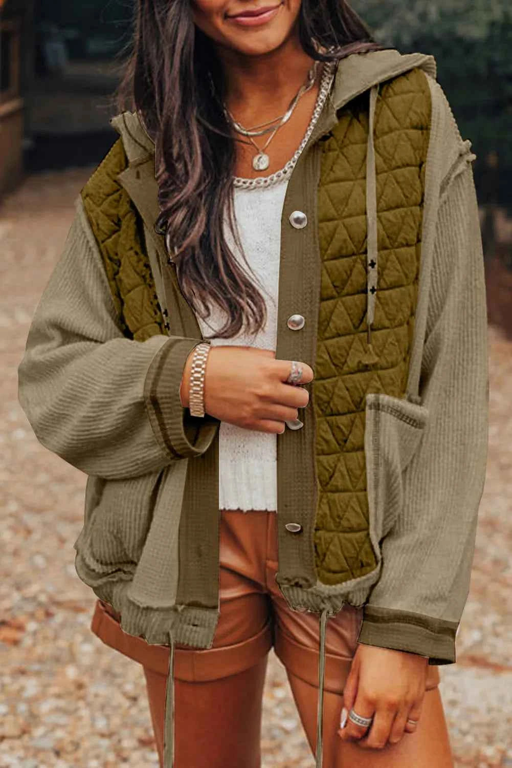Drawstring Color Block Long Sleeve Jacket Olive 0d2ee037-3f3a-4422-a78e-14f7e44fa22e-Max