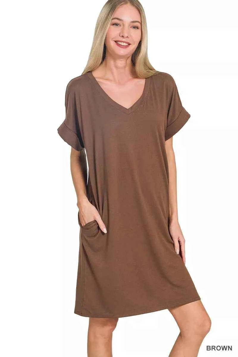Zenana Brushed Dty Rolled Short Sleeve V-Neck Dress BROWN 0d349a285e8848248e6c15a34bd5dd99-Max-Origin